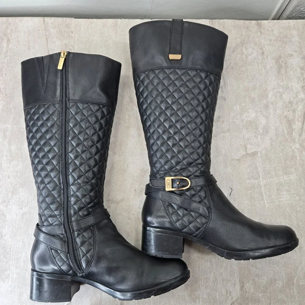 Knee High Equestrian Boots 9.5‎ Black Leather Quilted Tall Buckle Western Riding